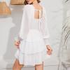 imageByinns Womens 2024 Square Neck Ruffle Dress Long Sleeve Floral Print Tiered Tie Back Layered Swing Mini DressWhite