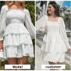 imageByinns Womens 2024 Square Neck Ruffle Dress Long Sleeve Floral Print Tiered Tie Back Layered Swing Mini DressWhite