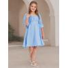 imageEXLURA Casual Long Puff Sleeve Girls Dresses Square Neck A Line Junior Teenage Kids Short Mini Dress Size 615 YearsBlue
