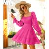 imageEXLURA Womens 2024 Casual Long Lantern Sleeve Dresses Square Neck Ruffle Tie Back Elastic Waist Aline Short Mini DressHot Pink