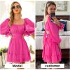 imageEXLURA Womens 2024 Casual Long Lantern Sleeve Dresses Square Neck Ruffle Tie Back Elastic Waist Aline Short Mini DressHot Pink