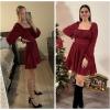 imageEXLURA Womens 2024 Casual Long Lantern Sleeve Dresses Square Neck Ruffle Tie Back Elastic Waist Aline Short Mini DressWine Red