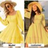 imageEXLURA Womens 2024 Casual Long Lantern Sleeve Dresses Square Neck Ruffle Tie Back Elastic Waist Aline Short Mini DressYellow