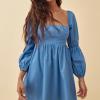 imageEXLURA Womens 2025 Square Neck Dress Long Puff Sleeve ALine Casual Short Mini DressesBlue