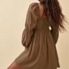 imageEXLURA Womens 2025 Square Neck Dress Long Puff Sleeve ALine Casual Short Mini DressesBrown