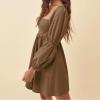 imageEXLURA Womens 2025 Square Neck Dress Long Puff Sleeve ALine Casual Short Mini DressesBrown