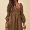 imageEXLURA Womens 2025 Square Neck Dress Long Puff Sleeve ALine Casual Short Mini DressesBrown