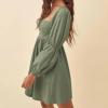 imageEXLURA Womens 2025 Square Neck Dress Long Puff Sleeve ALine Casual Short Mini DressesGreen