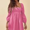 imageEXLURA Womens 2025 Square Neck Dress Long Puff Sleeve ALine Casual Short Mini DressesPeach Pink