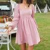 imageEXLURA Womens 2025 Square Neck Dress Long Puff Sleeve ALine Casual Short Mini DressesPink
