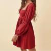 imageEXLURA Womens 2025 Square Neck Dress Long Puff Sleeve ALine Casual Short Mini DressesRed