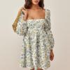 imageEXLURA Womens 2025 Square Neck Dress Long Puff Sleeve ALine Casual Short Mini DressesYellow Floral