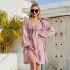 imageEXLURA Womens Knot Front Cocktail Dress Long Puff Sleeve Dress Deep VNeck Swing Mini Dress Pink