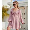 imageEXLURA Womens Knot Front Cocktail Dress Long Puff Sleeve Dress Deep VNeck Swing Mini Dress Pink