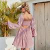 imageEXLURA Womens Knot Front Cocktail Dress Long Puff Sleeve Dress Deep VNeck Swing Mini Dress Pink