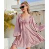 imageEXLURA Womens Knot Front Cocktail Dress Long Puff Sleeve Dress Deep VNeck Swing Mini Dress Pink