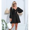 imageEXLURA Womens Long Puff Sleeve Party Dress Tie Front Deep VNeck Swing Mini Dress