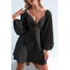 imageEXLURA Womens Long Puff Sleeve Party Dress Tie Front Deep VNeck Swing Mini Dress