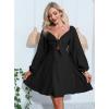 imageEXLURA Womens Long Puff Sleeve Party Dress Tie Front Deep VNeck Swing Mini Dress