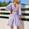 imageEXLURA Womens Puff Elbow Sleeve Drawstring V Neck Mini Dress Ruffle High Waist Tie Back Backless Swiss Dot Keyhole Dress Purple