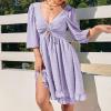 imageEXLURA Womens Puff Elbow Sleeve Drawstring V Neck Mini Dress Ruffle High Waist Tie Back Backless Swiss Dot Keyhole Dress Purple