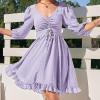 imageEXLURA Womens Puff Elbow Sleeve Drawstring V Neck Mini Dress Ruffle High Waist Tie Back Backless Swiss Dot Keyhole Dress Purple