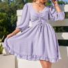 imageEXLURA Womens Puff Elbow Sleeve Drawstring V Neck Mini Dress Ruffle High Waist Tie Back Backless Swiss Dot Keyhole Dress Purple