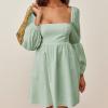 imageEXLURA Womens Square Neck Dress Long Puff Sleeve ALine Casual Short Mini DressesLight Green