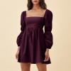 imageEXLURA Womens Square Neck Dress Long Puff Sleeve ALine Casual Short Mini DressesWine