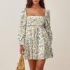 imageEXLURA Womens Square Neck Dress Long Puff Sleeve ALine Casual Short Mini DressesYellow Floral