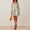 imageEXLURA Womens Square Neck Dress Long Puff Sleeve ALine Casual Short Mini DressesYellow Floral