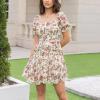 imageEXLURA Womens Summer Dress Floral Ruffle Tiered Square Neck Sundress Short Sleeve Off Shoulder Smocked Mini DressesShortsleeveapricot
