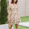 imageEXLURA Womens Summer Dress Floral Ruffle Tiered Square Neck Sundress Short Sleeve Off Shoulder Smocked Mini DressesShortsleeveapricot