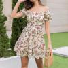 imageEXLURA Womens Summer Dress Floral Ruffle Tiered Square Neck Sundress Short Sleeve Off Shoulder Smocked Mini DressesShortsleeveapricot