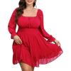 imageByinns Womens 2024 Plus Size Tie Back Square Neck Mini Dress Long Lantern Sleeve Elastic Waist Wedding Guest DressesRed