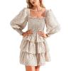 imageByinns Womens 2024 Square Neck Ruffle Dress Long Sleeve Floral Print Tiered Tie Back Layered Swing Mini DressApricot
