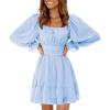 imageEXLURA Womens 2024 Casual Long Lantern Sleeve Dresses Square Neck Ruffle Tie Back Elastic Waist Aline Short Mini DressBlue