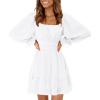 imageEXLURA Womens 2024 Casual Long Lantern Sleeve Dresses Square Neck Ruffle Tie Back Elastic Waist Aline Short Mini DressWhite