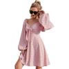 imageEXLURA Womens Knot Front Cocktail Dress Long Puff Sleeve Dress Deep VNeck Swing Mini Dress Pink