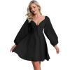 imageEXLURA Womens Long Puff Sleeve Party Dress Tie Front Deep VNeck Swing Mini Dress
