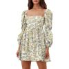 imageEXLURA Womens Square Neck Dress Long Puff Sleeve ALine Casual Short Mini DressesYellow Floral
