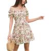 imageEXLURA Womens Summer Dress Floral Ruffle Tiered Square Neck Sundress Short Sleeve Off Shoulder Smocked Mini DressesShortsleeveapricot