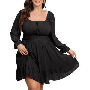 imageByinns Womens 2024 Plus Size Tie Back Square Neck Mini Dress Long Lantern Sleeve Elastic Waist Wedding Guest DressesBlack