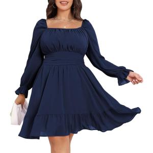 imageByinns Womens 2024 Plus Size Tie Back Square Neck Mini Dress Long Lantern Sleeve Elastic Waist Wedding Guest DressesDark Blue