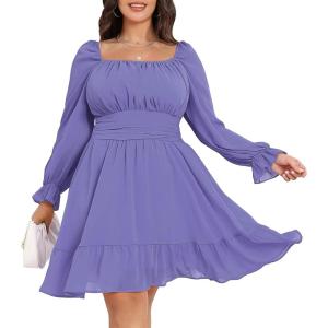 imageByinns Womens 2024 Plus Size Tie Back Square Neck Mini Dress Long Lantern Sleeve Elastic Waist Wedding Guest DressesGray Blue