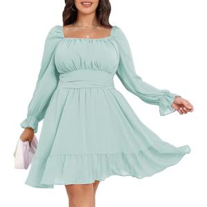imageByinns Womens 2024 Plus Size Tie Back Square Neck Mini Dress Long Lantern Sleeve Elastic Waist Wedding Guest DressesGrey Green