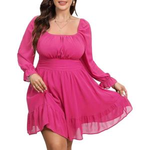 imageByinns Womens 2024 Plus Size Tie Back Square Neck Mini Dress Long Lantern Sleeve Elastic Waist Wedding Guest DressesHot Pink