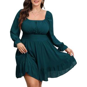 imageByinns Womens 2024 Plus Size Tie Back Square Neck Mini Dress Long Lantern Sleeve Elastic Waist Wedding Guest DressesPeacock Blue
