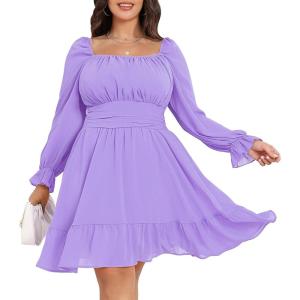imageByinns Womens 2024 Plus Size Tie Back Square Neck Mini Dress Long Lantern Sleeve Elastic Waist Wedding Guest DressesPurple