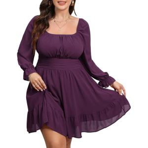 imageByinns Womens 2024 Plus Size Tie Back Square Neck Mini Dress Long Lantern Sleeve Elastic Waist Wedding Guest DressesPurplish Red